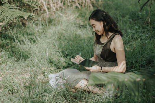 person writing in a journal in nature