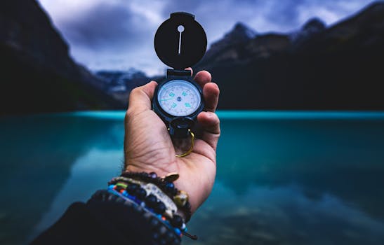 explorer using a compass in the wilderness