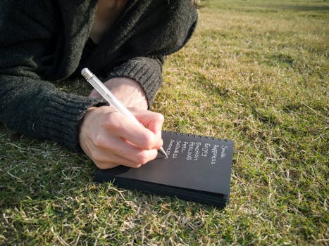 A person writing in a journal outdoors